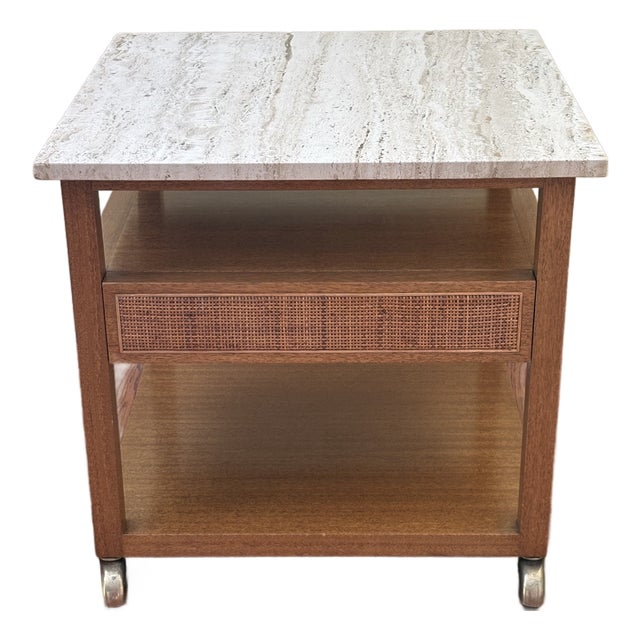 1960s Harvey Probber Travertine Top & Cane Drawer Side Table on Casters For Sale