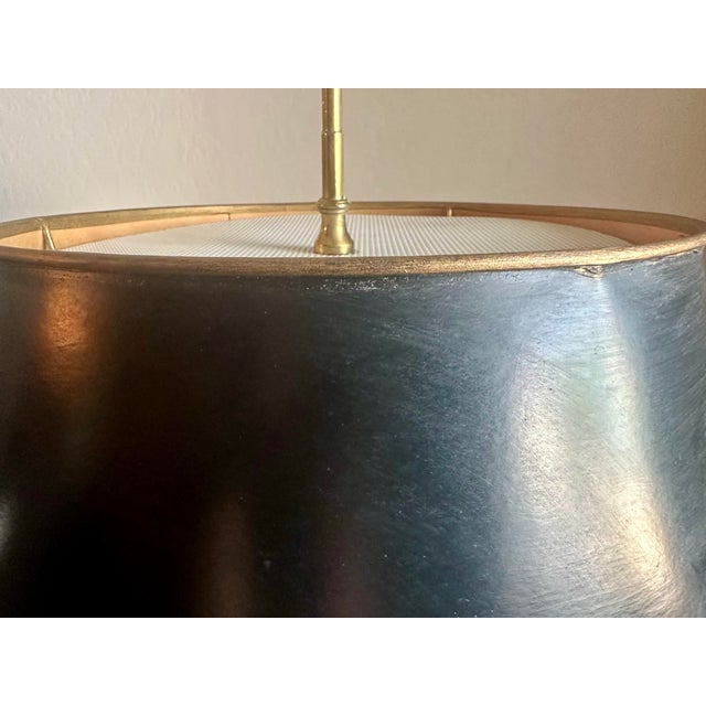 Vintage Solid Brass French Horn Bouillotte Lamp | 3-Arm Candelabra, Original Shade For Sale - Image 9 of 12