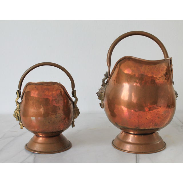 Metal Copper and Brass Scuttle Coal Bucket Lion Head Planters - A Pair For Sale - Image 7 of 14