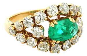 1960s Colombian 18k Yellow Gold Emerald & Diamond Cocktail Ring, Size 7