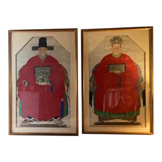 Chinoiserie Emperor and Empress Framed Painted Scrolls, Early 20th Century - Set of 2 For Sale