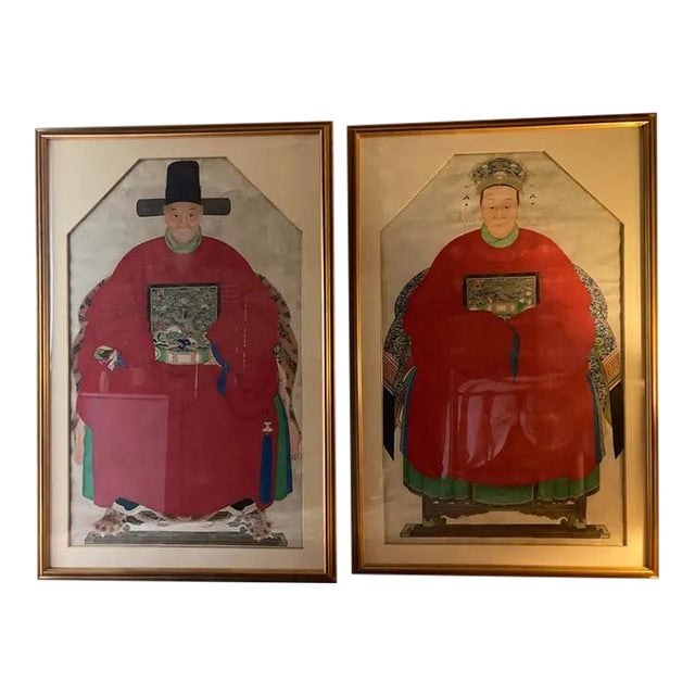 Chinoiserie Over-Sized Emperor and Empress Framed Painted Scrolls, Early 20th Century - Set of 2 For Sale