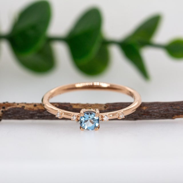 Dainty Santa Maria Aquamarine Ring W Natural Diamond Accents in 14k Rose Gold, Size 6.75 For Sale - Image 4 of 8