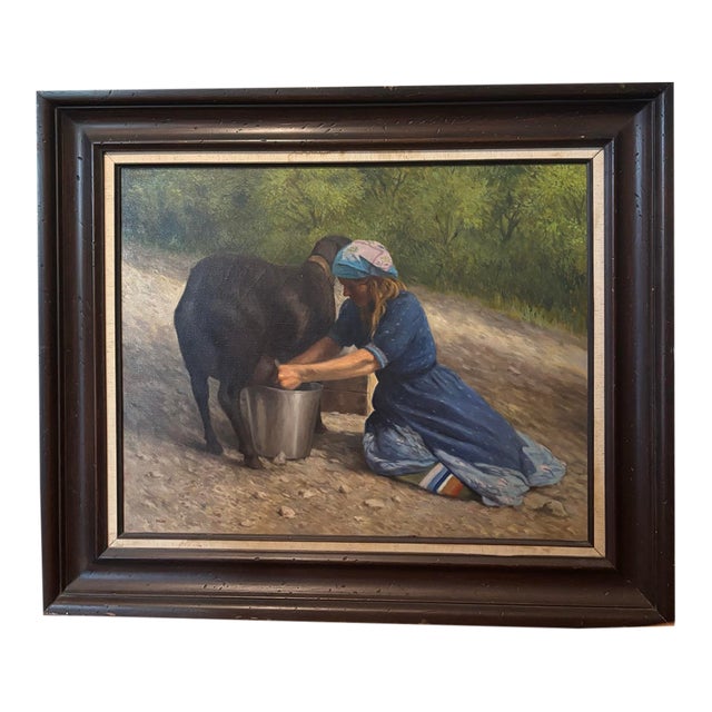 Olaf Palm “Milking” Framed Oil Painting For Sale