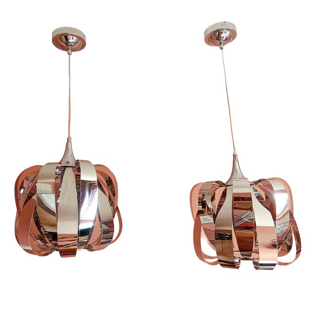 Space Age Chrome-Plated Metal Pendant Lights, 1970s, Set of 2 For Sale