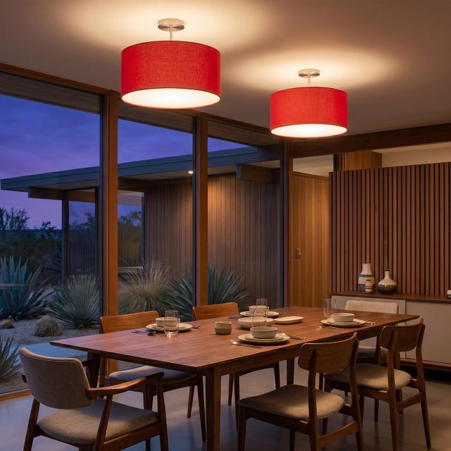 Crimson Red Linen Drum Semi Flush Mount Ceiling Light - Red Fabric Shade - Available in Satin Nickel and Weathered Brass...