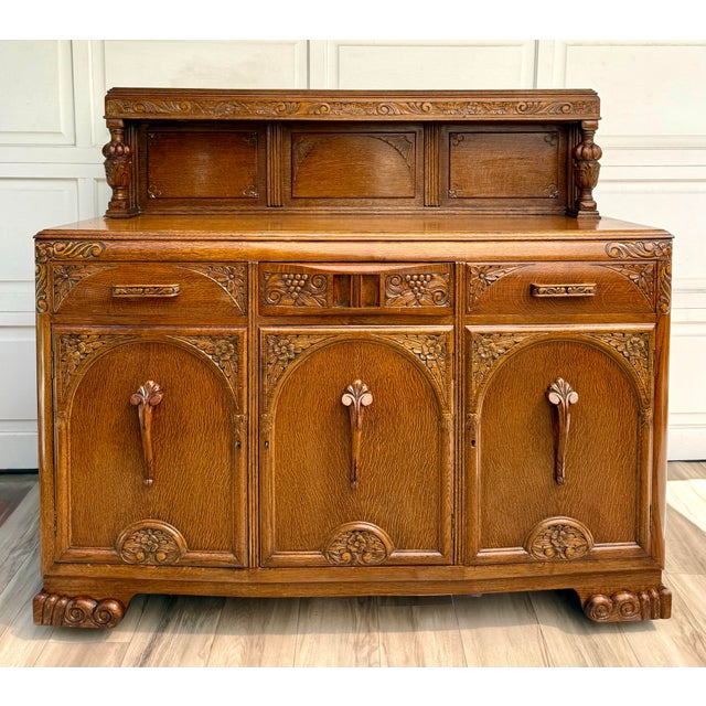 1920s Art Deco Carved Oak Sideboard Cabinet With Removable Gallery Top For Sale - Image 18 of 18