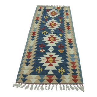1970s Southwetern Blue Cappadocia Kilim Runner Rug For Sale