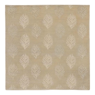Rug & Kilim’s Square Block Print Rug With Beige and Gold Leaf Florals For Sale