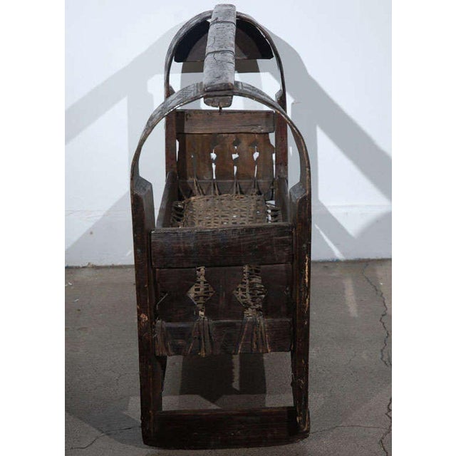 Wood Antique Indian Tribal Carved-Wood Infant Cradle With Woven Bed, Circa 1900 For Sale - Image 7 of 9