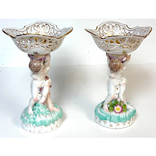 Pair KPM Berlin Rococo Revival Porcelain Figural Tazza, Reticulated Gilt Bowls For Sale - Image 9 of 18