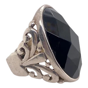 1980s Sterling Silver Faceted Onyx Ring Size 9