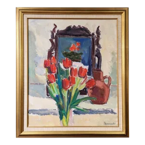 Mid-Century Modern "Window Red Tulips", Swedish Interior Still Life Oil Painting, Framed