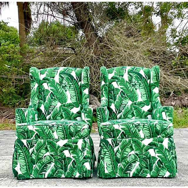 Vintage Coastal Palm Frond Skirted Wingback Chairs - a Pair For Sale - Image 12 of 12