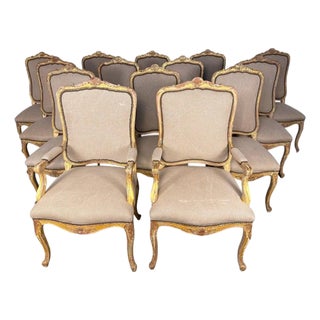 Set of 14 French Louis XV Style Gilt Dining Chairs With Linen Upholstery For Sale