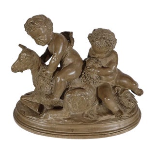 Patinated Terracotta Sculpture of Putti Playing with a Goat, 1900s For Sale