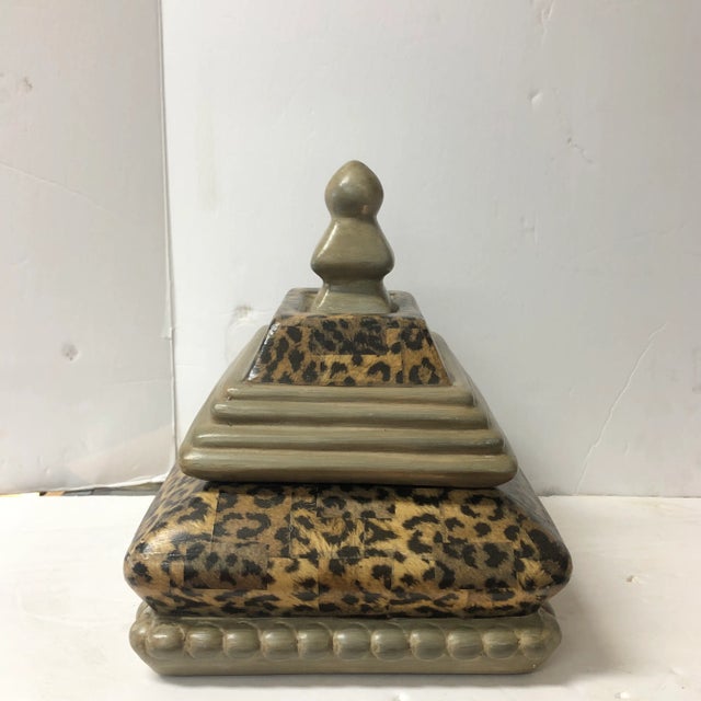 Beautiful ceramic lidded box with a leopard spot motif in papier-mâché appliqué. Made in Philippines
