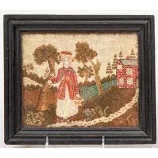 Arts & Crafts 19th Century Needlework Pictures of a Girl in Landscape Needlepoint - a Pair For Sale - Image 3 of 5