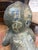 This large 44-inch high Asian bronze Foo Dog statue with shell stone inlay is a grand and intricate piece originating from...