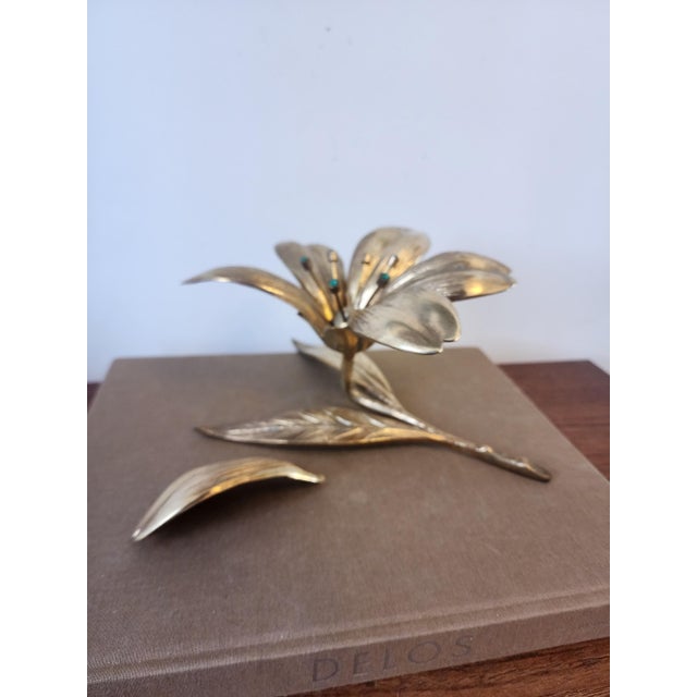 Hollywood Regency Vintage Italian Gilt Brass Flower Candle Holder Hollywood Regency Floral Centerpiece Gold Metal Lily Sculpture Decor For Sale - Image 3 of 16