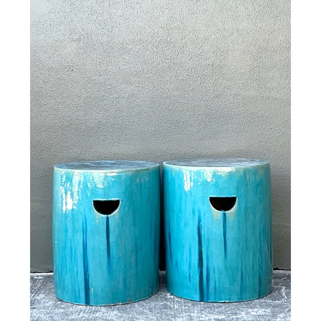 Ceramic Vintage Drip Glazed Ceramic Garden Stools - A Pair For Sale - Image 7 of 12