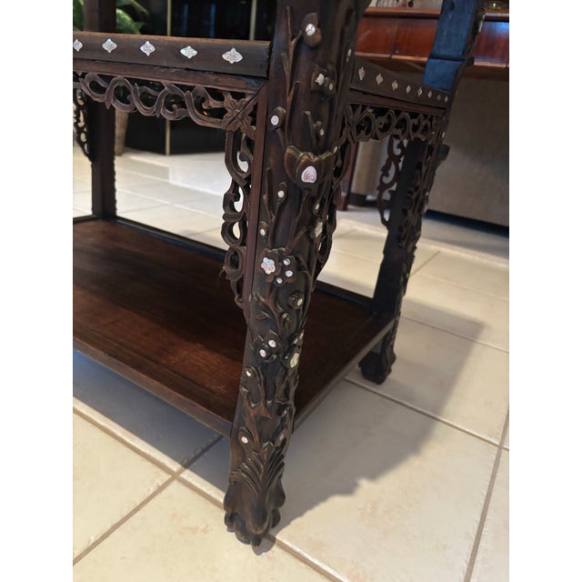 Late 19th Century Antique Chinese Black Lacquer & Mother-of-Pearl Marble Top Tiered Table Late 19th Century | Qing Dynasty Influence For Sale - Image 5 of 12