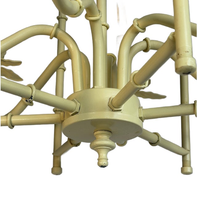 Chinoiserie Vintage Faux Butter Cream Bamboo Pagoda Tole 5-Light Chandelier For Sale - Image 3 of 8