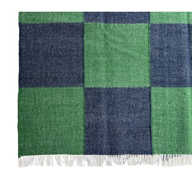 Handmade Woolen Flat Weave Rug, Forest Green and Greyish Blue Checker Board Dhurrie - 5'x8' For Sale - Image 10 of 12