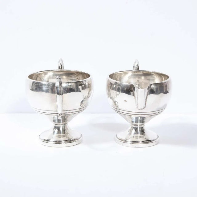 Art Deco 1940s Art Deco Sterling Sculptural Streamlined Handled Sugar & Creamer - A Pair For Sale - Image 3 of 13