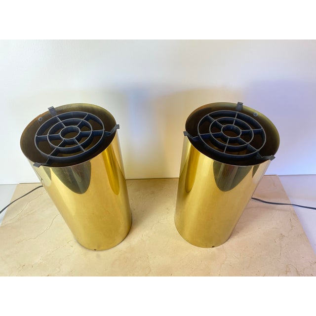 Pair of Vintage Brass Cylinder Table Lamps in the Style of Robert Sonneman, 1970s Modernist Uplights For Sale - Image 4 of 10