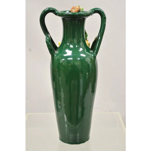 Vtg Victorian Style Green Ceramic Capodimonte 18" Vase With Pink Yellow Flowers For Sale - Image 11 of 13