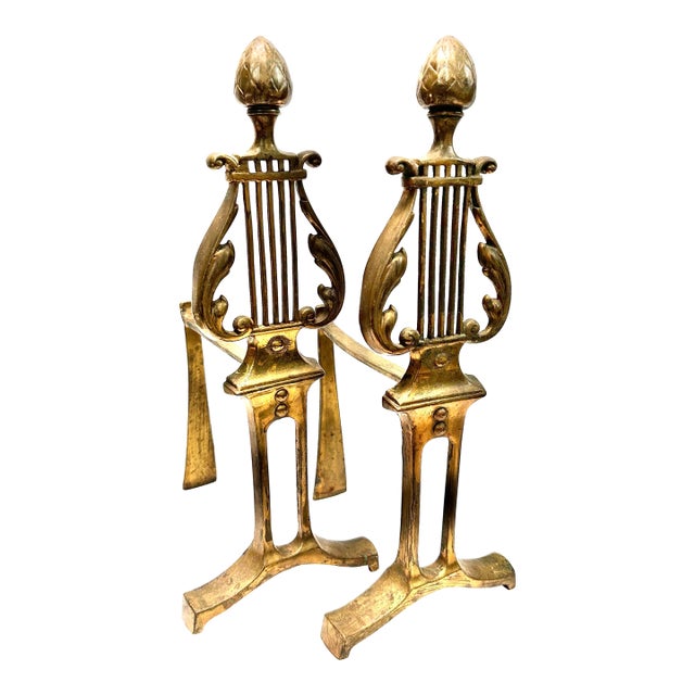 Mid Century Brass Lyre Andirons – Neoclassical Fireplace Tools, Hollywood Regency Decor, Pair For Sale