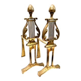 Vintage Brass Lyre Andirons – Neoclassical Hollywood Regency Fireplace Decor, Pair For Sale