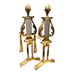 Vintage Brass Lyre Andirons – Neoclassical Hollywood Regency Fireplace Decor, Pair