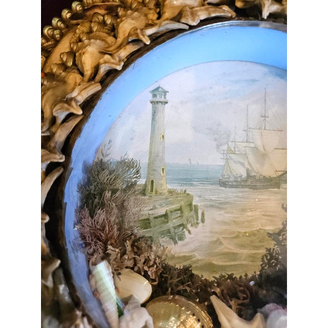 Shell Edwardian Shellwork Valentine Diorama of a Lighthouse With Ship For Sale - Image 7 of 11