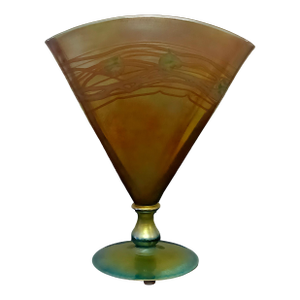 Antique Frederick Carder Steuben Gold Aurene Green Leaf Vine Art Nouveau Fan Vase #6297