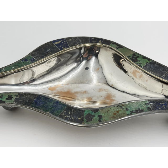Mid 20th Century Los Castillo Taxco Modernist Silver Plate Malachite & Lapis Centerpiece Bowl For Sale - Image 14 of 18