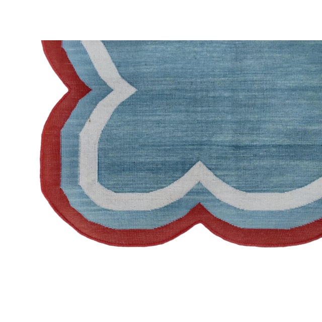 Handmade Cotton Area Rug Natural Vegetable Dyed Flat Weave Sky Blue Scalloped Rug Terracotta Border - 12'x15' For Sale - Image 10 of 11