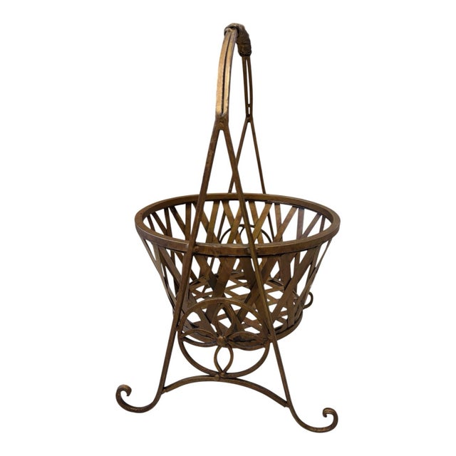 French Country Vintage Metal Basket Weave Garden Planter Stand With Scrollwork and Aged Patina For Sale - Image 3 of 8