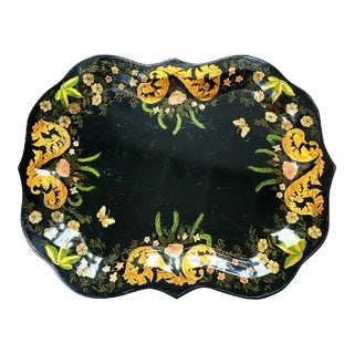 Antique Painted Tole Tray on Faux Bamboo Stand For Sale