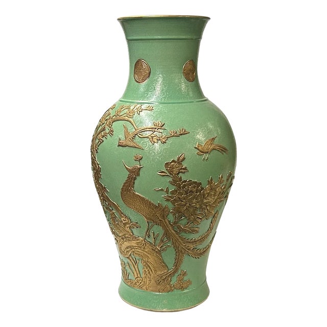 Vintage Chinese Pastel Green Turquoise Golden Birds Porcelain Vase For Sale