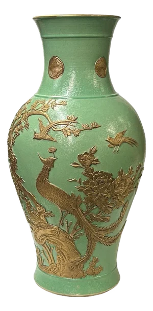 Vintage Chinese Pastel Green Turquoise Golden Birds Porcelain Vase
