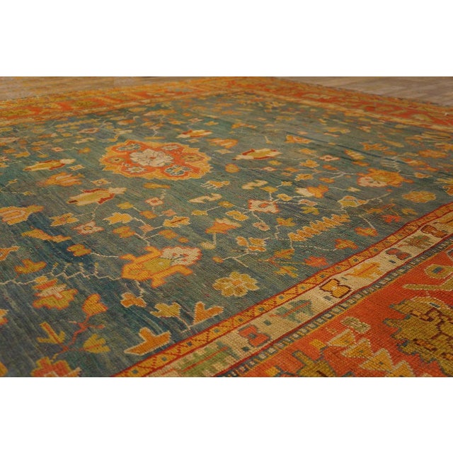 Marvelous Sky Blue Ground Color Medallion/Crest Pattern AntiqueTurkish Oushak Rug For Sale - Image 10 of 12