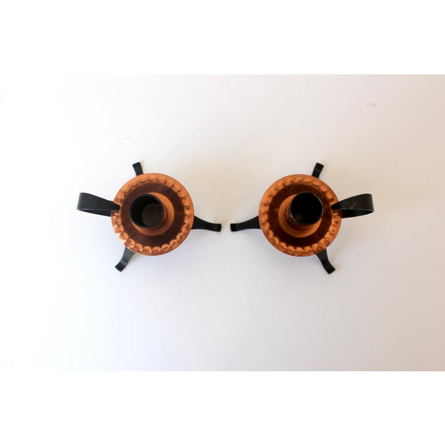 Width: 4 inches Height: 2.25 inches Depth: 3 inches This is a gorgeous pair of mid century modern vintage copper and black...