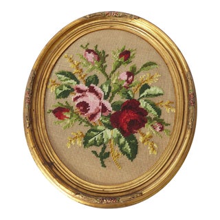 Gold Floral Framed Needlepoint For Sale
