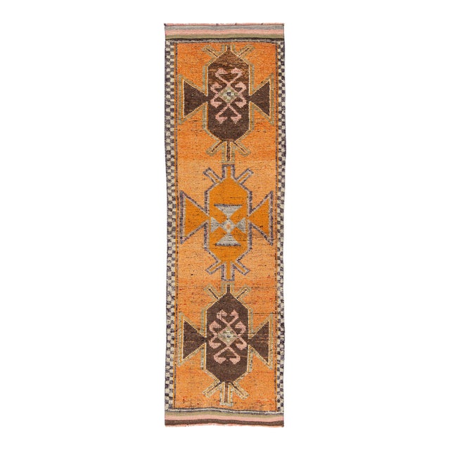 3 X 11 Vintage Turkish Wool Runner in Orange With Geometric Pattern For Sale