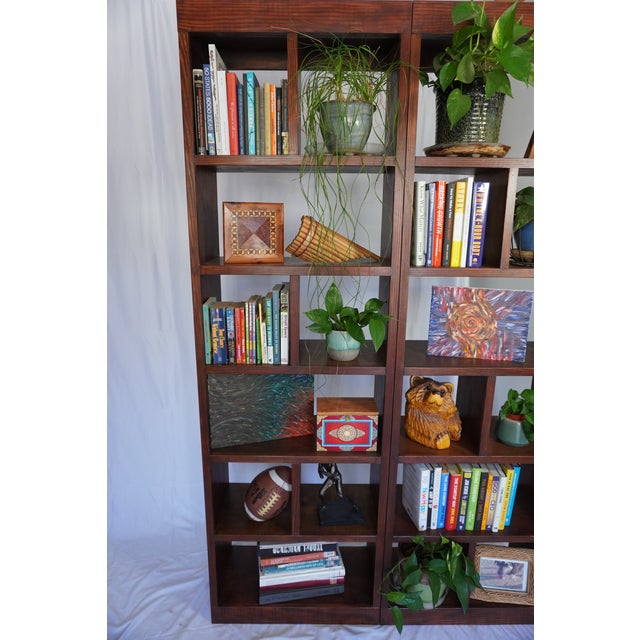 Handcrafted Solid Wood Bookcase Set | Custom Library Wall | Hickory Stain Bookshelf, 2 Pieces For Sale In Los Angeles - Image 6 of 17