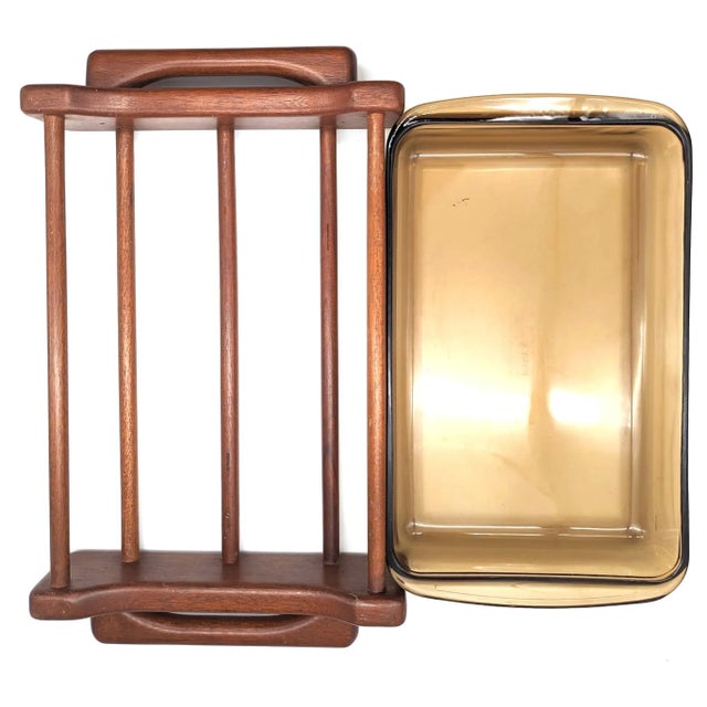 1970s Teak Wood Casserole Cradle With Smoke Brown Glass Baking Pan, 2 Piece Set For Sale - Image 9 of 11