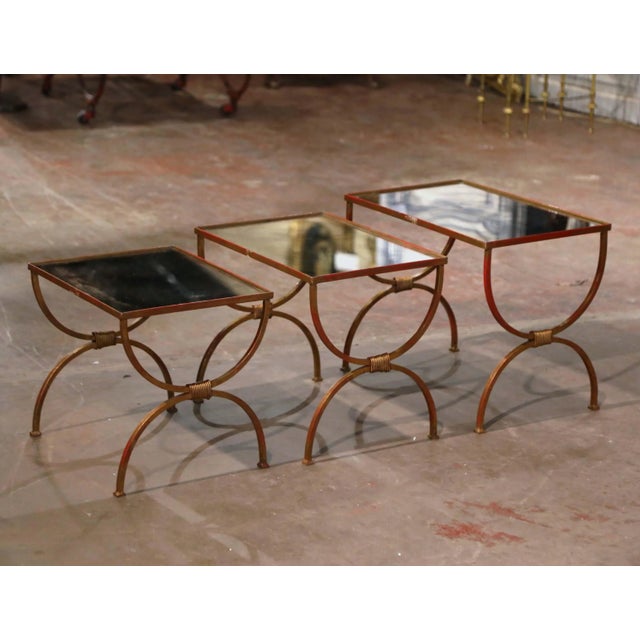 Mid-Century French Iron and Mirrored Glass Curule Nesting Tables, Set of 3 For Sale - Image 9 of 10