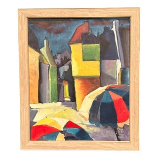 Ebbe Höglund, Cityscape with House Facades, 1960, Oil on Canvas, Framed For Sale